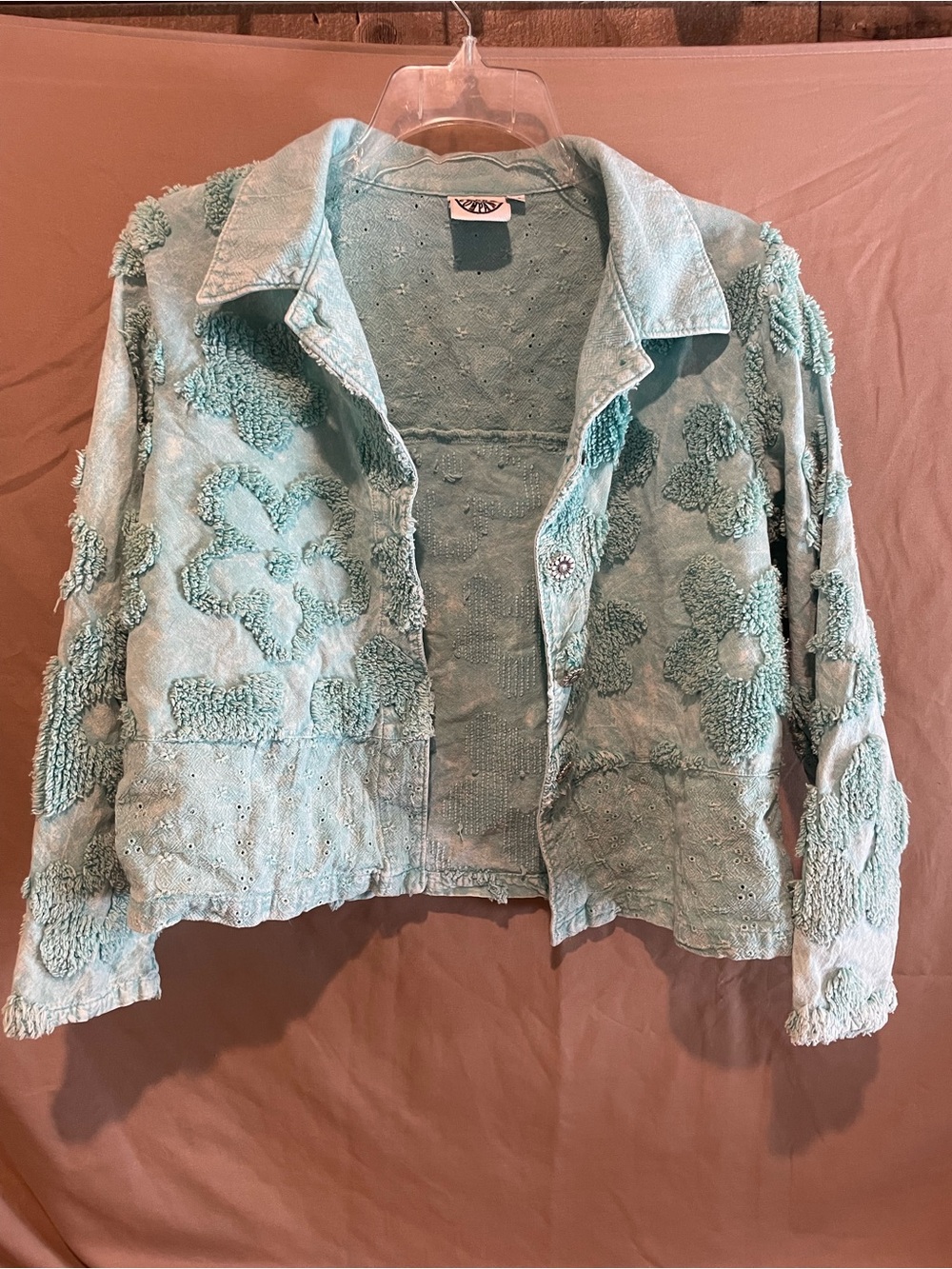Light Teal Embellished Cropped Jean Jacket - Women